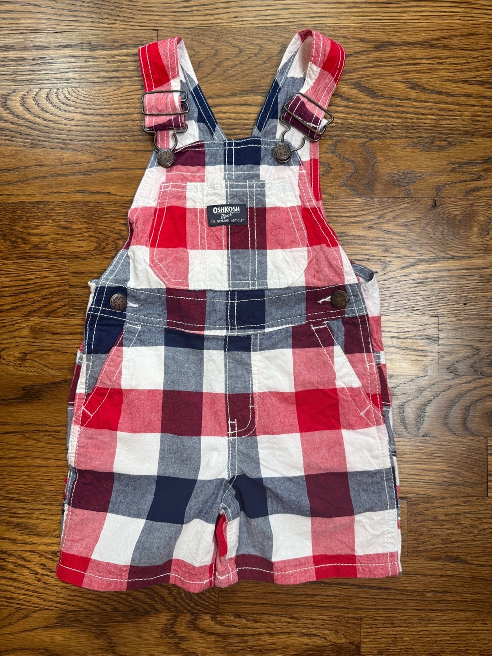 OshKosh B'gosh Kids Red, White & Blue Plaid Short Overalls Shortalls Size 2T